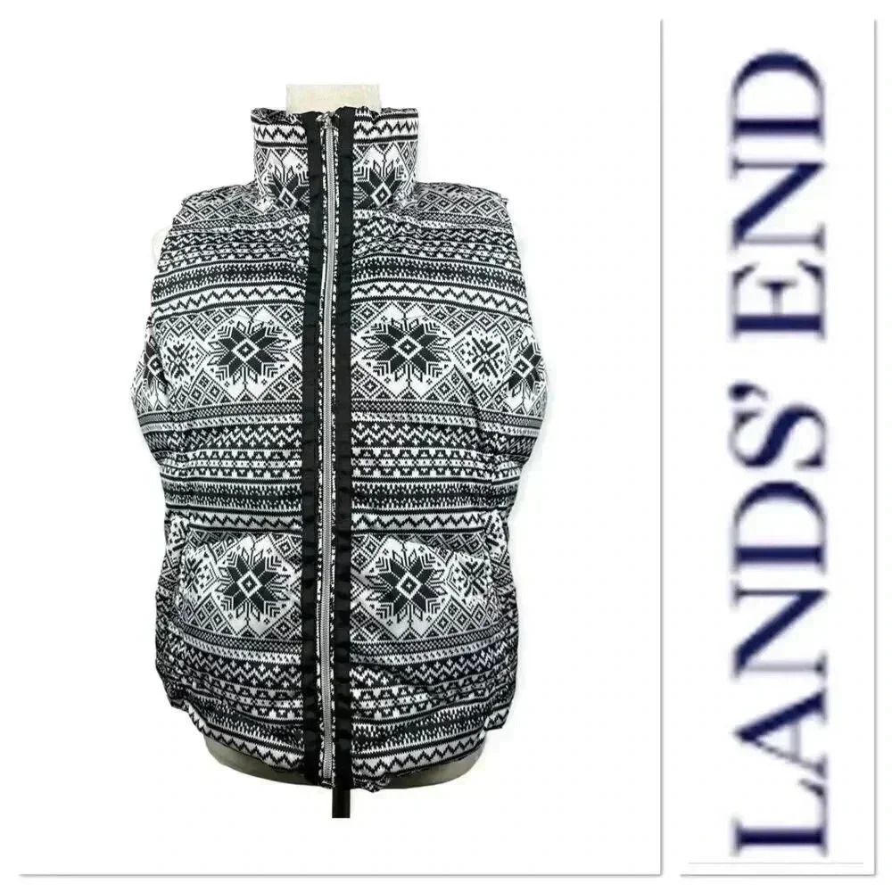 ✅ 3 for $15 ✅ Lands’ End black and white zip front puffer vest size medium